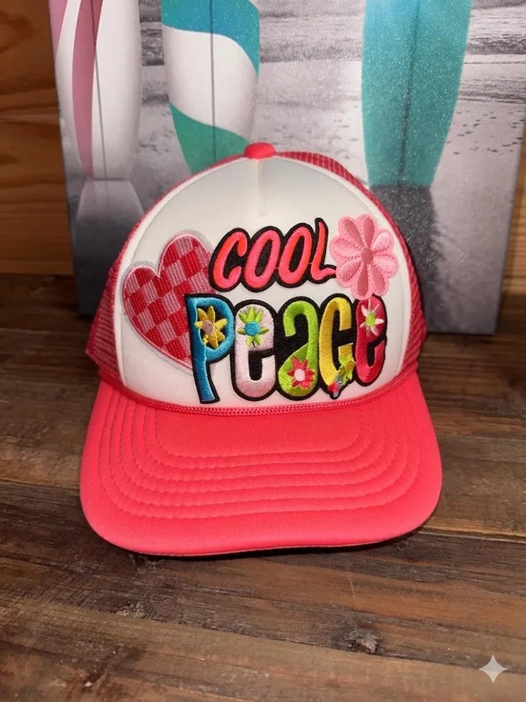 Retro "Cool Peace" Custom Patchwork Trucker Hat - Vibrant Pink