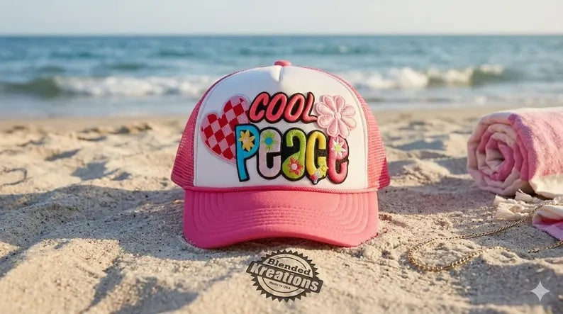 Retro "Cool Peace" Custom Patchwork Trucker Hat - Vibrant Pink