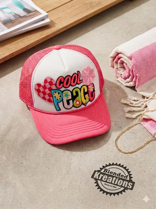 Retro "Cool Peace" Custom Patchwork Trucker Hat - Vibrant Pink